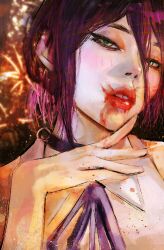 1girl bare_shoulders black_choker blood blood_on_face chainsaw_man choker collared_shirt finger_to_mouth green_eyes hair_between_eyes hand_up highres kyezzzz light_blush looking_at_viewer neck_ribbon parted_lips portrait purple_hair red_lips reze_(chainsaw_man) ribbon shirt short_hair sleeveless sleeveless_shirt solo teeth white_shirt