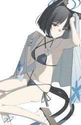1girl absurdres animal_ear_fluff animal_ears armpits bare_legs bare_shoulders bikini black_eyes black_hair blue_archive blue_bikini blue_haori breasts cat_ears cat_girl cat_tail flower haori highres japanese_clothes kikyou_(blue_archive) kikyou_(swimsuit)_(blue_archive) looking_at_viewer multiple_tails navel official_alternate_costume parted_bangs qtian sandals short_hair solo stomach swimsuit tail two_tails white_flower