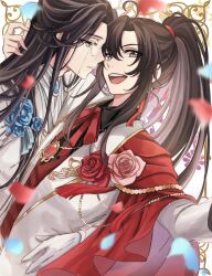 2boys :d ahoge alternate_costume alternate_universe ascot bishounen black_hair black_shirt blue_flower blue_gemstone blue_petals blue_rose blurry blurry_foreground brooch brown_eyes brown_hair cape chain closed_mouth coat collared_shirt contemporary couple depth_of_field earrings eyewear_strap falling_petals flower formal_clothes gem gloves gold_chain hair_between_eyes hand_up high_ponytail highres hug jewelry lan_wangji long_hair long_sleeves looking_at_another looking_at_viewer male_focus modao_zushi monocle multiple_boys neck_ribbon open_mouth parted_bangs petals pink_flower pink_rose ponytail red_cape red_flower red_gemstone red_petals red_ribbon red_rose red_vest ribbon rose semiusa1010 shirt sidelocks single_earring smile tassel tassel_earrings teeth upper_body upper_teeth_only very_long_hair vest wei_wuxian white_ascot white_coat white_gloves yaoi yellow_eyes