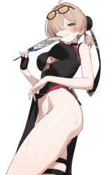 1girl ahoge black_dress black_gloves blonde_hair blush china_dress chinese_clothes clothes_lift clothing_cutout commentary_request cowboy_shot dress eyewear_on_head fingerless_gloves gloves hair_over_one_eye hand_fan headgear highres holding holding_fan looking_at_viewer nanmo_(nanmokamo) no_panties orange-tinted_eyewear parted_lips pelvic_curtain pelvic_curtain_lift purple_eyes short_hair single_fingerless_glove smile solo sunglasses sweatdrop sweety_(zenless_zone_zero) thighs tinted_eyewear tuanshan underboob_cutout zenless_zone_zero