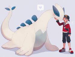 Rule 34 | 1boy, backwards hat, baseball cap, black hair, blush, capri pants, closed eyes, closed mouth, ethan (pokemon), gen 2 pokemon, hat, highres, jacket, legendary pokemon, long sleeves, lugia, mikakami1e, nintendo, one eye closed, open mouth, pants, pokemon, pokemon (creature), pokemon hgss, red jacket, shirt, short hair, smile
