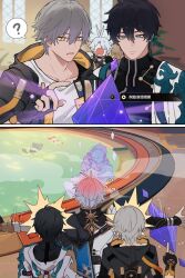 Rule 34 | 4boys, ?, aqua eyes, arm tattoo, armlet, bathhouse, black gloves, black hair, black hoodie, black shirt, blonde hair, blush, caelus (honkai: star rail), chinese commentary, coat, commentary request, dan heng (honkai: star rail), dan heng (hunt) (honkai: star rail), elims, eyeliner, fingerless gloves, fragments of recollection (honkai: star rail), gloves, grey hair, highres, honkai: star rail, honkai (series), hood, hood down, hoodie, implied sex, jewelry, makeup, male focus, multiple boys, mydei (honkai: star rail), open clothes, open hoodie, phainon (honkai: star rail), pointing, red eyeliner, red tattoo, sexually suggestive, shirt, single glove, spoken question mark, steam, tattoo, trailblazer (honkai: star rail), turtleneck, white coat, white shirt, yaoi, yellow eyes