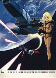 1970s_(style) 1980s_(style) 1girl artist_request beam_rifle blonde_hair calendar_(medium) core_fighter earth_(planet) earth_federation energy_beam energy_gun firing gloves gundam hangar helmet highres key_visual looking_at_viewer mecha military_uniform mobile_suit mobile_suit_gundam official_art oldschool open_hatch pilot_suit planet promotional_art retro_artstyle robot rx-78-2_gundam sayla_mass scan science_fiction shield space spacecraft spacesuit starfighter thrusters traditional_media unworn_headwear unworn_helmet v-fin vernier_thrusters weapon white_base