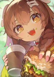 1girl animal_collar animal_ears bone_hair_ornament braid brown_hair burger collar commentary commentary_request cup disposable_cup dog_ears dog_girl drinking_straw eating english_commentary fangs food food_on_face furrowed_brow hair_between_eyes hair_ornament harufude highres holding holding_burger holding_cup holding_food hololive incoming_food inugami_korone long_hair looking_at_viewer mixed-language_commentary open_mouth pink_nails red_collar shirt smile solo twin_braids virtual_youtuber yellow_eyes yellow_shirt