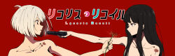 Rule 34 | 2girls, absurdres, aiming, anarchy ptck, bad id, bad twitter id, black hair, blonde hair, breasts, collarbone, commentary request, copyright name, eyecatch, flower, gun, highres, holding, holding gun, holding weapon, inoue takina, long hair, looking at another, lycoris recoil, multiple girls, nishikigi chisato, nude, official art, parted lips, profile, purple eyes, red background, red eyes, red flower, short hair, simple background, sparkle, spider lily, translation request, upper body, weapon, yuri