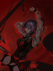 Rule 34 | 1girl, absurdres, amoris (bang dream!), arms up, bang dream!, bang dream! it&#039;s mygo!!!!!, black vest, closed mouth, commentary request, drumsticks, garter straps, highres, holding, holding drumsticks, lemtun, long sleeves, playing drum, purple hair, red background, red eyes, red thighhighs, short hair, solo, thighhighs, vest, yuutenji nyamu