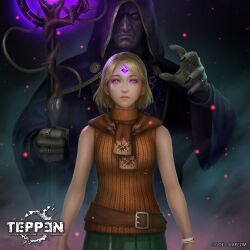 1boy 1girl ashley_graham belt blonde_hair blue_eyes bracelet brown_sweater capcom clock gem_on_head glowing glowing_eyes green_skirt highres hood horror_(theme) jewelry kuroiwa_enu looking_at_viewer mind_control monster monster_boy osmund_saddler parasite plaga_(resident_evil) pueple_eyes resident_evil resident_evil_4 ring robe scarf skirt sleveless staff sweater tentacles teppen