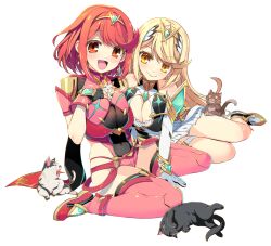2girls blonde_hair breasts cat highres large_breasts multiple_girls mythra_(xenoblade) pyra_(xenoblade) red_eyes red_hair watsuki_ayamo xenoblade_chronicles_(series) xenoblade_chronicles_2 yellow_eyes