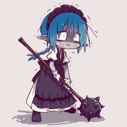 1boy :i apron black_apron black_footwear blue_hair braid braided_ponytail colored_skin commentary_request constricted_pupils dated_commentary dress full_body gloves grey_background grey_skin heavy holding holding_weapon lowres mace maid maid_headdress male_focus nervous_sweating original pointy_ears puffy_short_sleeves puffy_sleeves rakuni short_sleeves simple_background single_braid solo spiked_mace spikes standing struggling sweat trap trembling weapon white_dress white_gloves wide-eyed