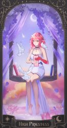 1girl absurdres alternate_costume bare_legs bare_shoulders barefoot bird black_choker body_markings breasts changli_(wuthering_waves) choker chromatic_aberration closed_mouth collarbone colored_extremities commentary dress english_commentary english_text feet high-low_dress highres holding large_breasts legs pink_hair red_hands sitting smile solo tarot the_high_priestess_(tarot) toes white_bird white_dress wuthering_waves yellow_eyes z1raell