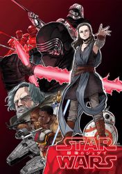2girls 5boys absurdres animification armor bandaged_arm bandages bb-8 beard brown_hair c-3po cape captain_phasma chewbacca copyright_name crossguard_lightsaber dark-skinned_male dark_skin droid energy_sword facial_hair finn_(star_wars) grey_hair helmet highres horikoshi_kouhei kylo_ren lightsaber luke_skywalker millenium_falcon multiple_boys multiple_girls poe_dameron r2-d2 rey_(star_wars) robot spacecraft staff star_wars star_wars:_the_last_jedi sword tonfa weapon