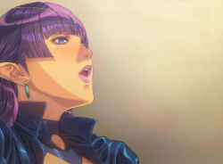 1girl blunt_bangs blush circlet earrings female_focus from_side head highres homare_(fool&#039;s_art) jacket jewelry light_blush lipstick long_hair looking_away makeup matching_hair/eyes nose_blush nostrils open_mouth original pink_lips pointy_ears purple_eyes purple_hair simple_background solo upper_body