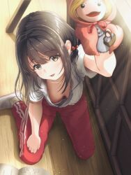1girl book breasts brown_eyes brown_hair doll downblouse fang female_focus from_above hair_between_eyes hair_bobbles hair_ornament holding holding_doll light_blush looking_at_viewer medium_breasts nippels on_floor open_mouth original sitting skin_fang solo tachiinu tagme wooden_floor