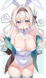 1girl ? absurdres alternate_costume animal_ears aqua_thighhighs bare_shoulders black_hairband blush breasts cleavage closed_mouth collar collarbone commentary_request covered_navel detached_collar fake_animal_ears firefly_(honkai:_star_rail) grey_hair hair_between_eyes hairband highleg highleg_leotard highres honkai:_star_rail honkai_(series) large_breasts leotard long_hair looking_at_viewer makaroni_(makaroni_kana) off_shoulder playboy_bunny purple_eyes rabbit_ears skindentation solo spoken_question_mark strapless strapless_leotard thigh_gap thighhighs thighs very_long_hair white_collar white_leotard white_wrist_cuffs wrist_cuffs