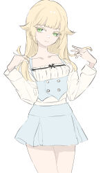 Rule 34 | 1girl, absurdres, averting eyes, blonde hair, blue skirt, blue vest, breasts, closed mouth, dress, eyebrows hidden by hair, green eyes, highres, looking to the side, medium hair, mushoku tensei, norn greyrat, playing with own hair, ronuma, simple background, skirt, small breasts, solo, thick eyelashes, vest, white background, white dress