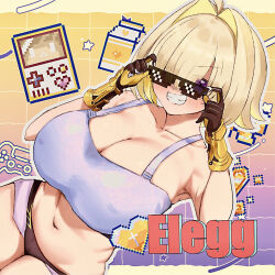 1girl adjusting_eyewear blonde_hair breasts cleavage deal_with_it_(meme) elegg_(nikke) gloves goddess_of_victory:_nikke grin hair_intakes hair_over_eyes highres large_breasts long_bangs looking_over_eyewear meme mizuppoi multicolored_hair navel pixel_art purple_eyes short_hair smile solo sports_bra sunglasses two-tone_hair