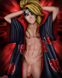 abs akatsuki_(naruto) blonde_hair blue_eyes cloak deidara headband ireal legs long_hair muscular naruto naruto_(series) naruto_shippuuden navel nipples penis ponytail simple_background smirk solo standing tattoo testicles uncensored