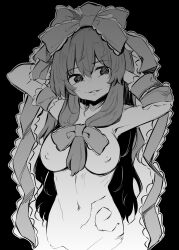 1girl @_@ crazy_smile front_ponytail greyscale grin hair_ribbon highres kagiyama_hina long_hair looking_at_viewer maturiuta_sorato monochrome nipples nude ribbon smile solo touhou