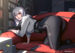 1girl absurdres armband artist_name ass black_armband black_horns black_pants black_tail bookshelf breasts closed_mouth commentary couch curled_horns deep_duck demon_tail english_commentary grey_hair hair_between_eyes high-waist_pants highres horns indoors kneeling large_breasts long_hair looking_at_viewer mole mole_under_eye no_jacket on_couch paid_reward_available pants paper_stack red_eyes shirt shirt_tucked_in solo tail unworn_armband white_shirt wuthering_waves