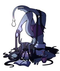 1girl bare_legs barefoot bike_shorts bioluminescence black_hair book colored_skin cup demon_girl demon_horns demon_tail discount-supervillain drink drinking_straw fins fish_tail flexible glowing glowing_eyes grey_skin highres horns messy_hair midriff nail_polish original reading shorts solo tail top-down_bottom-up transparent_background