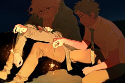 Rule 34 | 2boys, brown pants, collared shirt, danganronpa (series), danganronpa 2: goodbye despair, fireworks, green necktie, hair between eyes, highres, hinata hajime, holding, holding fireworks, hood, hood down, komaeda nagito, looking at another, male focus, multiple boys, necktie, night, outdoors, pants, shirt, short hair, sitting, smile, snsstk1, sparkler, squatting, white shirt