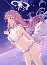 Rule 34 | 1girl, absurdres, ass, bikini, blue archive, blue hair, blue halo, breasts, choker, feathered wings, feathers, frilled bikini, frills, gradient hair, gradient halo, halo, happy, highres, karasu btk, large breasts, low wings, mika (blue archive), mika (swimsuit) (blue archive), multicolored hair, multicolored halo, night, night sky, ocean, official alternate costume, open mouth, pink hair, pink halo, raised eyebrows, shooting star, sky, solo, spread wings, star (sky), starry sky, swimsuit, thighs, thong bikini, wet, white bikini, white choker, wings, yellow eyes