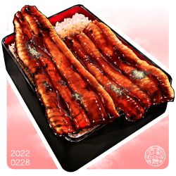 border dated eel fish_(food) food food_focus grilled_eel highres juubako ooranokohaku original outline pink_background rice still_life unajuu_(food) white_border white_outline
