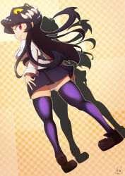 Rule 34 | 1563ichikorosan, 1girl, ass, black hair, colored sclera, dutch angle, filia (skullgirls), from behind, full body, gingham, hand on own hip, highres, long hair, panties, pleated skirt, red eyes, samson (skullgirls), school uniform, sharp teeth, shoes, skirt, skullgirls, smile, solo, teeth, thighhighs, underwear, upskirt, yellow sclera