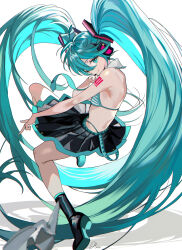 1girl absurdres aqua_eyes aqua_hair black_skirt bra hatsune_miku haze_(ohw8g) highres long_hair looking_at_viewer one_eye_closed skirt smile striped_bra striped_clothes twintails underwear very_long_hair vocaloid white_background