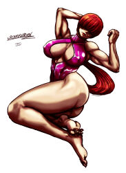 1girl ass bodysuit breasts cleavage cleavage_cutout clothing_cutout curvy feet female_focus huge_ass huge_breasts ibdinosaur large_breasts long_hair nipples one-piece_swimsuit ponytail red_hair shermie_(kof) shiny_clothes swimsuit the_king_of_fighters thick_thighs thighs tight_clothes