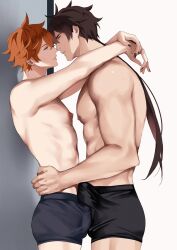 2boys abs arms_around_neck black_male_underwear black_nails blue_eyes blue_male_underwear brown_hair eye_contact feet_out_of_frame genshin_impact hand_on_another&#039;s_waist highres looking_at_another male_focus male_underwear multiple_boys muscular muscular_male nail_polish nipples orange_hair parted_bangs parted_lips pectorals penis_under_clothing profile short_hair_with_long_locks sidepec smile standing sushisalmon95 tartaglia_(genshin_impact) teeth toned toned_male topless_male underwear yaoi yellow_eyes zhongli_(genshin_impact)