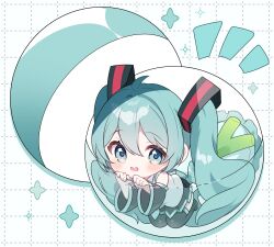 Rule 34 | 1girl, :d, bare shoulders, black boots, black skirt, black sleeves, blue eyes, blue hair, blush, boots, collared shirt, commentary request, detached sleeves, double-parted bangs, full body, gashapon, grey shirt, grid background, hair between eyes, hatsune miku, highres, long hair, long sleeves, looking at viewer, miniskirt, open mouth, pleated skirt, shirt, skirt, sleeveless, sleeveless shirt, smile, solo, spring onion, thigh boots, twintails, very long hair, vocaloid, white background, wide sleeves, yuni (irohasuiroiro)