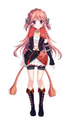 1girl bike_shorts bike_shorts_under_skirt black_boots black_shorts black_sleeves black_vest blush boots bow braid closed_mouth crown_braid detached_collar detached_sleeves dot_nose full_body fur-trimmed_vest fur_trim grey_bow haeno_akari hair_bow highres idol idol_clothes izumi_tsubasu long_hair looking_at_viewer official_art orange_hair plaid_bow purple_eyes re:stage! red_trim rope sarashi shimenawa shorts simple_background skirt smile solo star_(symbol) tachi-e transparent_background two_side_up vest white_skirt