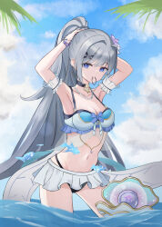 1girl absurdres adina_savic arm_behind_head arm_on_own_head armband armpits arms_up bare_shoulders beach bikini black_choker black_survival blue_eyes blue_sky bow bow_bikini bracelet breasts choker clam_shell cleavage collarbone commentary crystal_ball day earrings english_commentary eternal_return:_black_survival fish flower frilled_armband frilled_bikini frilled_bikini_top frills gawu8272 grey_hair hair_between_eyes hair_flower hair_ornament hair_tie hair_tie_in_mouth highres hoop_earrings jewelry lens_flare long_hair looking_at_viewer medium_breasts mouth_hold multicolored_bikini navel neck ocean official_alternate_costume outdoors ponytail purple_bow sidelocks sky smile solo standing star_(symbol) star_choker stomach swimsuit thighs very_long_hair wading white_bikini x_hair_ornament