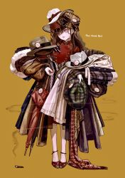 1girl absurdres blue_eyes brown_coat brown_hair brown_hat buttons closed_mouth closed_umbrella coat commentary_request denn_(naluse_flow) double-breasted english_text fedora full_body hat highres holding holding_unworn_clothes holding_unworn_hat jacket long_hair long_sleeves looking_to_the_side original peaked_cap plaid_hat red_hat red_jacket red_shoes red_umbrella shako_cap shoes smoke solo stacked_hats standing too_many_hats umbrella unworn_coat unworn_hat unworn_headwear yellow_background