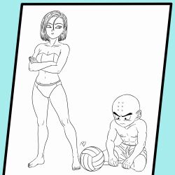 1boy 1girl abs android_18 bald bald_male black_eyes couple crossed_arms dragon_ball husband_and_wife kuririn muscular muscular_male nipples pectorals serious swimsuit volleyball