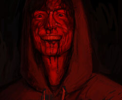 1boy black_background blood blood_from_forehead blood_from_mouth blood_on_face blood_on_neck colored_skin crazy_grin cry_of_fear highres hood hood_up hoodie looking_at_viewer portrait red_hoodie red_skin red_theme simon_henriksson_(book) solo sparkling_eyes surmatants teeth upper_teeth_only