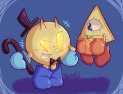 Rule 34 | bill cipher, body switch, boots, bow, bowtie, cane, eye of providence, food, fruit, gloves, glowing, glowing eyes, gravity falls, hat, orange (fruit), pac-man, pac-man (game), pac-man eyes, personality switch, shiirafish, top hat
