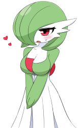 1girl blush bob_cut breasts cleavage collarbone colored_skin female_focus gardevoir gen_3_pokemon green_hair green_skin hair_over_one_eye heart highres large_breasts multicolored_skin nintendo one_eye_covered open_mouth own_hands_together pokemon pokemon_(creature) red_eyes short_hair simple_background solo standing sweat tagyeokgam two-tone_skin v_arms white_background white_skin