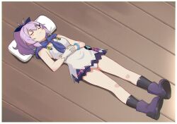 1girl ahoge azur_lane blush boots border bracelet buttons camisole chinese_commentary closed_eyes closed_mouth commentary_request cross_hair_ornament from_above full_body gloves hair_ornament hair_ribbon highres javelin_(azur_lane) jewelry kuma-bound light_frown lying neckerchief own_hands_together panties pillow plaid_clothes plaid_skirt purple_boots purple_hair purple_neckerchief ribbon short_hair single_glove skirt sleeping sleeveless solo thighs underwear white_border white_camisole white_panties wooden_floor
