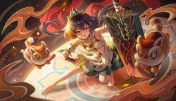 Rule 34 | 1girl, arms up, artist name, bare legs, barefoot, bra, bridal gauntlets, chinese clothes, commentary, detached collar, detached sleeves, diting (honkai: star rail), english commentary, fighting stance, flat chest, floating, floating hair, from above, green skirt, grey hair, hair between eyes, hair floating upwards, holding, holding sword, holding weapon, honkai: star rail, honkai (series), huge weapon, jewelry, long hair, looking at viewer, looking up, low twintails, open mouth, orange eyes, pendant, red nails, short sleeves, skirt, solo, standing, stomach, sword, twintails, underwear, valtear, watermark, weapon, yunli (honkai: star rail)