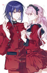 !? 1boy 1girl ? absurdres black_bow black_hair black_hairband blush bow bowtie brother_and_sister chinese_commentary closed_mouth colored_inner_hair commentary_request earclip flying_sweatdrops hair_bow hairband hand_up highres jacket jiuyueai long_hair long_sleeves multicolored_hair pants pink_eyes pink_hair pleated_skirt red_jacket red_pants red_serafuku red_shirt red_skirt school_uniform serafuku shirt short_hair siblings simple_background skirt skirt_set the_hundred_line_-last_defense_academy- tsukumo_ima tsukumo_kako twins two-tone_hair white_background white_bow white_bowtie white_hair