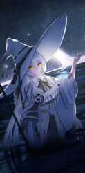 1girl absurdres bandaged_hand bandages belt black_belt black_gloves black_hole black_skirt breasts closed_mouth collared_jacket commentary dutch_angle english_commentary gloves hair_between_eyes hand_up harness hat hat_ornament highres holding jacket long_hair long_sleeves looking_at_viewer night night_sky ocean original partially_submerged pleated_skirt single_glove skirt sky small_breasts solo standing star_(sky) starry_sky strap thighs very_long_hair water white_hair white_hat white_jacket witch_hat yellow_eyes yoruhh
