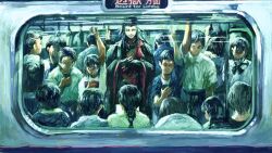 1boy arms_up ashiya_douman_(fate) black_hair crowd crowded english_text engrish_text fate/grand_order fate_(series) highres holding japanese_clothes looking_at_phone looking_at_viewer people phone ranguage sitting solo_focus t0da train_interior very_long_fingernails
