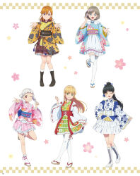 5girls arashi_chisato artbook black_hair blonde_hair blue_eyes blue_kimono boots double_bun full_body green_eyes green_kimono grey_hair hair_between_eyes hair_bun hairband hazuki_ren heanna_sumire highres japanese_clothes kimono knee_boots long_hair looking_at_viewer love_live! love_live!_superstar!! multiple_girls non-web_source obi official_art one_eye_closed open_mouth orange_hair orange_kimono pink_kimono ponytail purple_eyes red_eyes sash shibuya_kanon short_hair smile socks standing tabi tang_keke thighhighs white_hair white_socks white_thighhighs wide_sleeves yellow_eyes zettai_ryouiki