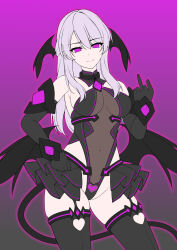 Rule 34 | 1girl, absurdres, bare shoulders, black gloves, black thighhighs, breasts, corruption, covered navel, dark persona, demon girl, demon tail, demon wings, elbow gloves, fire emblem, fire emblem: radiant dawn, flat color, gloves, grey hair, head wings, highres, kouyoku senki exs-tia, leotard, liberator (exs-tia), long hair, looking at viewer, medium breasts, micaiah (fire emblem), middle finger, mind control, nintendo, purple background, purple eyes, see-through clothes, showgirl skirt, simple background, skirt, smile, solo, tail, thighhighs, variant set, wings