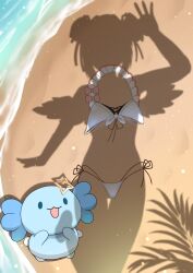 1girl absurdres akagawashake amane_kanata angel angel_wings beach bikini double_bun female_pov hair_bun halo highres hololive open_mouth outdoors pov sand shadow side-tie_bikini_bottom silhouette smile solo swimsuit water white_bikini wings