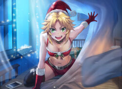 bed blonde_hair breasts cellphone christmas christmas_lights commentary_request fate/grand_order fate_(series) gift gloves green_eyes hat medium_breasts mordred_(fate) mordred_(fate/apocrypha) night phone red_gloves santa_hat smartphone smile snow tomboy tonee