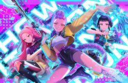 3girls arm_pouch black_boots black_shorts boots braid braided_ponytail catcrossingart choker commentary crop_top earrings english_commentary fingerless_gloves gloves halterneck highres holding holding_polearm holding_weapon jacket jewelry kpop_demon_hunters long_hair looking_at_viewer mira_(kpop_demon_hunters) multiple_girls pink_hair polearm purple_hair rumi_(kpop_demon_hunters) short_bangs shorts sidelocks smile thigh_boots weapon yellow_jacket zoey_(kpop_demon_hunters)
