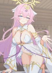 Rule 34 | 1girl, absurdres, all fours, bare shoulders, barefoot, between breasts, bikini, bikini bottom only, blue eyes, braid, breasts, center opening, cleavage, commentary, detached sleeves, dress, epic seven, gold trim, grin, hairband, halo, highres, konjou, large breasts, long hair, looking at viewer, navel, pink hair, revealing clothes, short dress, sleeveless, sleeveless dress, smile, solo, stomach, string bikini, swimsuit, tenebria (epic seven), thighhighs, thighs, toeless legwear, twin braids, very long hair, white bikini, white dress, white thighhighs, wide sleeves, witch of the mere tenebria (epic seven)